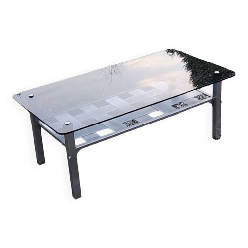 Table Basse Design En Acier Bross Plateau En Verre Fum 1970 Argent