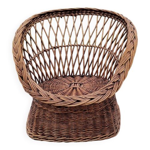 Ancien Fauteuil Trone Corbeille En Osier Tress Bois