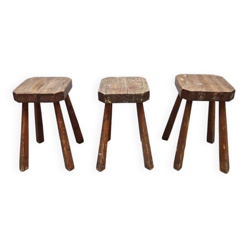 Tabourets Rustiques Franais En Bois Sculpts  La Main  Brutaliste  Bois