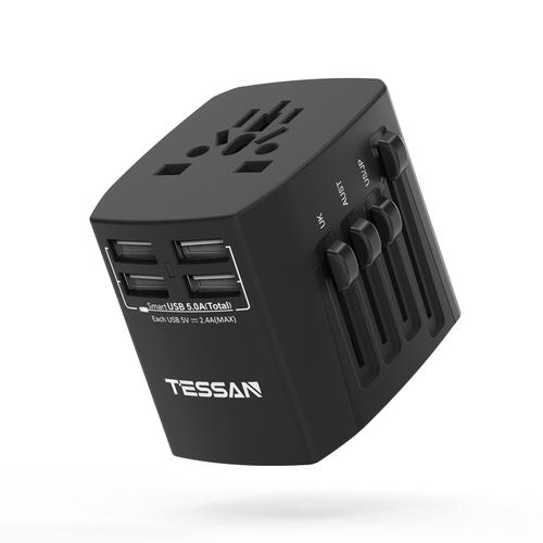 TESSAN Adaptateur Voyage Universel, Adaptateur Prise Universelle avec 4 USB, Adaptateur Universel de Voyage pour USA UK EU Australie, Adaptateur International Applicable à 224 Pays ou Régions, Noir