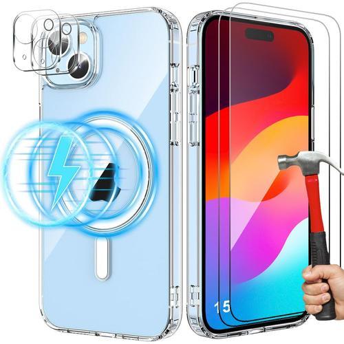 Coque Silicone Pour Iphone 15 Avec Cercle Magnétique + 2 Verres Trempés Et 2 Protections Caméra Arrière - Booling