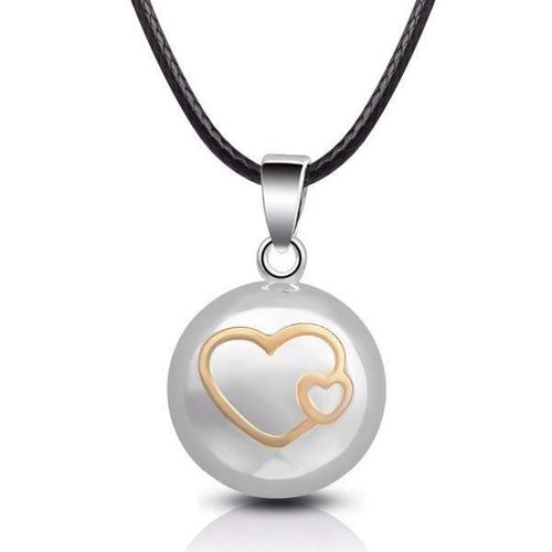 Bola De Grossesse En Cuivre Plaqué Argent Ronde Avec Motif Coeurs * Longueur Collier : 114 Cm * Matière Collier : Cuir Ciré *