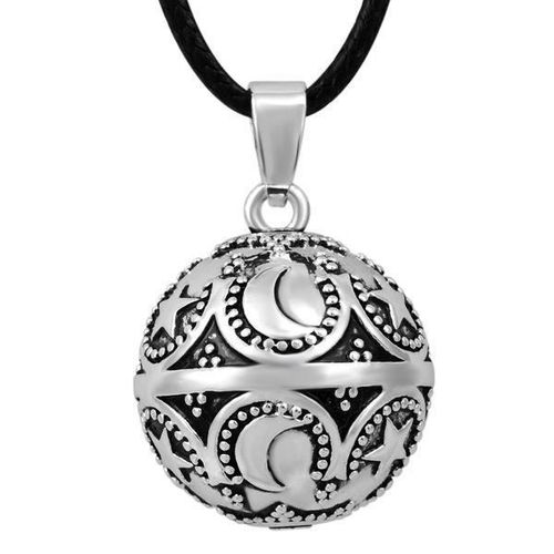 Bola De Grossesse Motif Lunes Et Étoiles Cuivre Plaqué Argent * Longueur Collier : 114 Cm * Matière Collier : Cuir Ciré * Matière