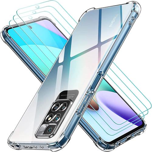 Coque Pour Xiaomi Redmi 10 4g 2022 / 2021 Avec 3 Pièces Protection Écran En Verre Trempé, Transparent Étui De Protection En Silicone Antichoc, Clair Mince Souple Tpu Bumper Housse