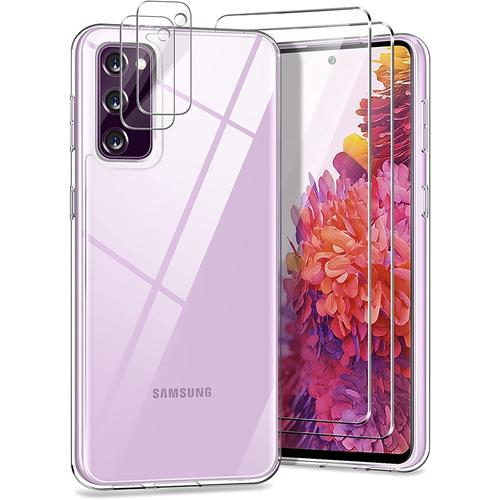 Coque Compatible Avec Samsung Galaxy S20fe Coque, 2 Pièces Verre Trempé Protection Écran 2 Pièces Caméra Arrière Protecteur Souple Silicone Tpu Housse Case Cover 6.7 Pounces Transparent