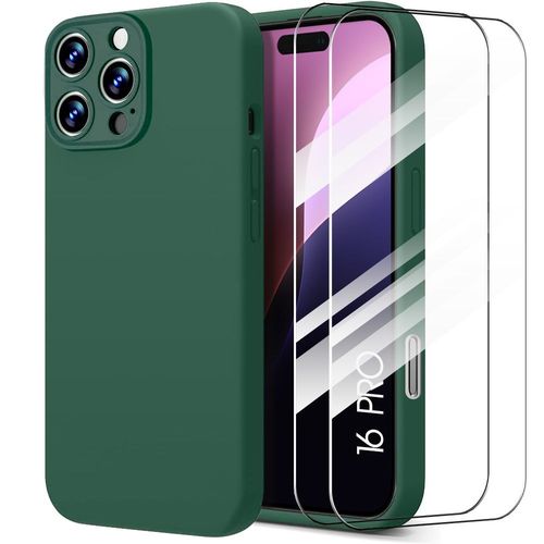 Coque + 2 Verres Trempés Pour Iphone 16 Pro - Protection Silicone Slim Antichoc Anti-Rayures Vert Nuit - E.F.Connection