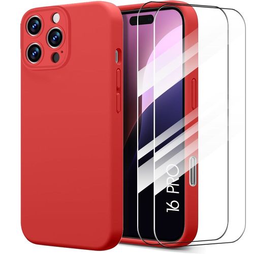 Coque Et 2 Verres Trempés Pour Iphone 16 Pro - Protection Silicone Liquide Ultra Slim Rouge - E.F.Connection