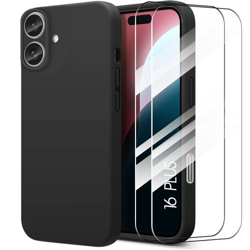 Coque Et 2 Verres Trempés Pour Iphone 16 Plus - Protection Silicone Liquide Ultra Slim Noir - E.F.Connection