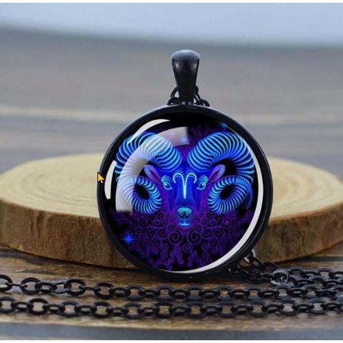 Collier Homme Mode Pendentif Signe Du Zodiaque 12 Constellations Avec Dôme En Verre ( Signe Du Bélier )