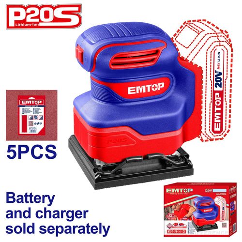 Ponceuse Excentrique Sans Fil Emtop 20v Batterie Et Chargeur Vendus Séparément Avec 5 Abrasifs