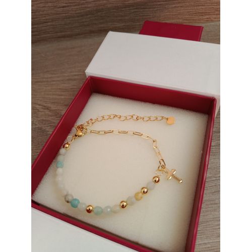 Bracelet Plaquage Or Un Micron Pierres Amazonite Et Breloque Croix
