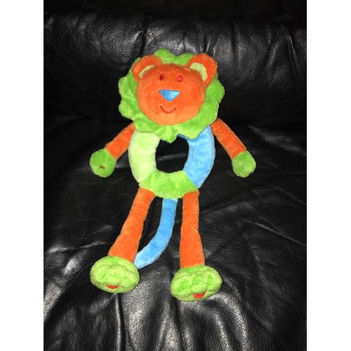 Doudou Peluche Hochet Kimbaloo Lion Grelot Orange Vert Bleu