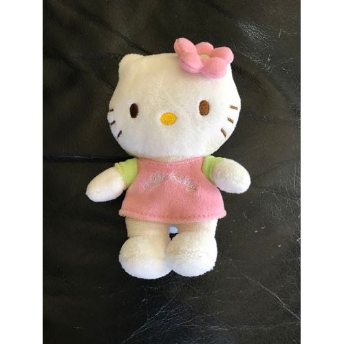 Doudou Chat Hello Kitty Rose Vert Fleurs Sanrio License - Chat, Lion, Tigre Clas 13cm