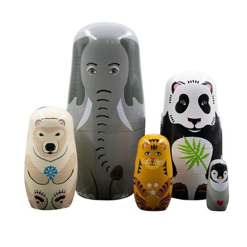 Poupées Russes En Bois Faites À La Main, 5 Pièces, Pingouin, Tigre, Ours, Éléphant, Lion, Matryoshka, Cadeau De Noël Pour Enfants