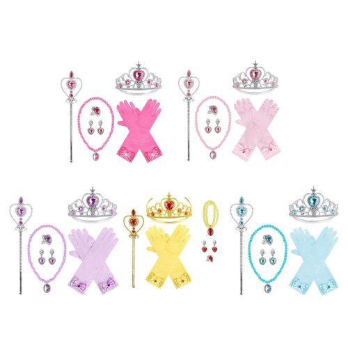 Ensemble De Bijoux Pour Filles, 6 Pièces, Accessoires De Princesse, Déguisement, Jouets Cosplay, Couronne, Collier, Bague, Boucle D'oreille, Gants, Baguette, Ensemble De Bijoux Pour Enfants