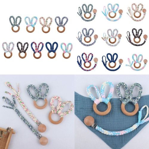 Ensemble De Jouets En Bois Pour Bébé, Jouet À Main + Attache-Sucette, Chaîne, Tissu En Coton, Tricot, Oreilles De Lapin, Anneau De Dentition, Bracelet Hochet Pour Nouveau-Né, 2 Pièces