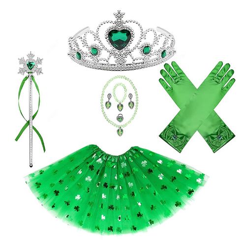 Ensemble De 10 Robes De Princesse Pour Filles, Vert, Shamrock, Ensemble De Vêtements Pour Filles, Gants, Jupe, Baguette Magique, Bague, Boucle D'oreille, Collier Et