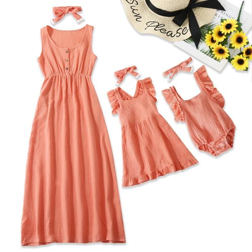 Tenues D'été Assorties Maman Et Moi, Ensemble Sans Manches À Boutons, Barboteuse Maxi + Bandeau, Famille