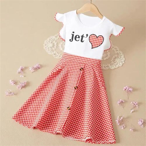 Robe À Volants Pour Filles De 3 À 9 Ans, Décontractée, Avec Lettres D'amour Imprimées, Manches À Volants, Patchwork À Carreaux, Vêtements De Princesse Pour Fête, Été