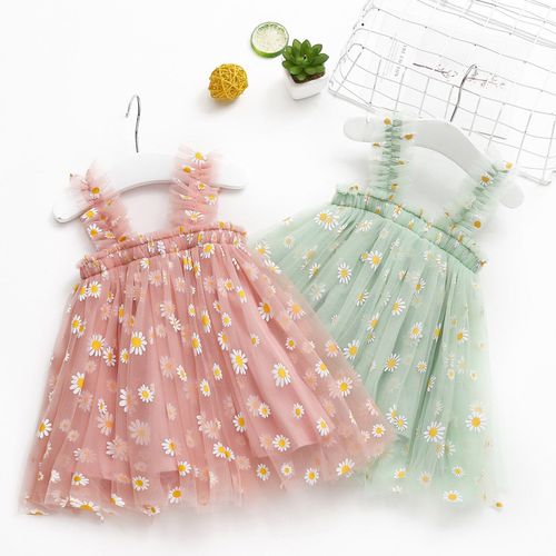 Robe D'été En Tulle Pour Filles, Motif Floral Marguerite, Sans Manches, Vêtements De Plage Décontractés Pour Enfants, Tenue Princesse En Dentelle