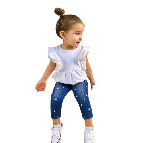 Tenue En Jean Pour Petite Fille, Pantalon En Denim Uni + Perle, À La Mode