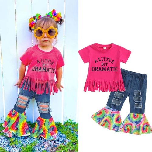 Ensemble De Vêtements D'été Pour Bébés Filles, T-Shirt Court Avec Lettres, Haut En Jean Denim Troué, Pantalon Évasé, Tenue 2 Pièces Pour Enfants De 1 À 6 Ans