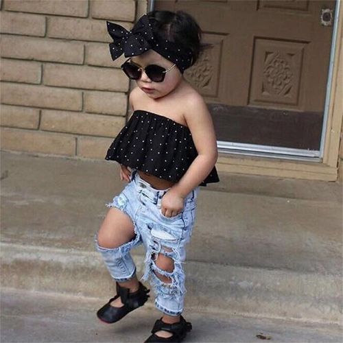 Ensemble De 3 Pi?ces En Jean Pour Filles, Haut Court ? Volants Et ?paules D?nud?es, Pantalon Long En Denim Avec N?Ud Papillon