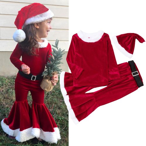 Costume Cosplay De Noël Pour Enfants, Ensemble 3 Pièces, Pantalon Évasé + Haut + Chapeau + Ceinture Pour Filles