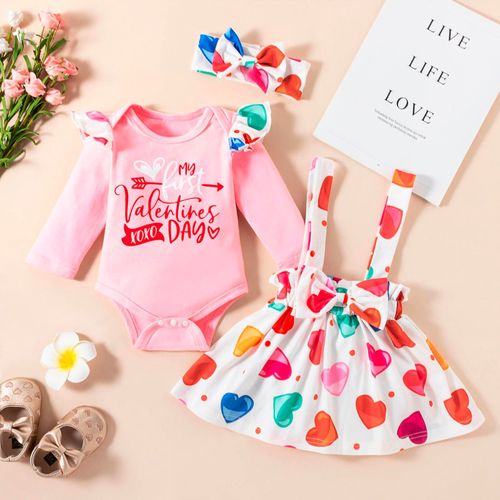 Costume Pour B?b?s Filles, Haut Pour La Saint-Valentin, Imprim? De Lettres, Barboteuse ? Manches Longues, Jupe Mignonne Et Douce, Tenues ? N?Ud Papillon