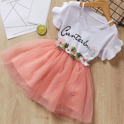 Ensemble 2 Pièces Pour Bébés Filles, T-Shirt À Manches Courtes, Motif Floral, Haut En Tulle, Jupe, Vêtements De Sport