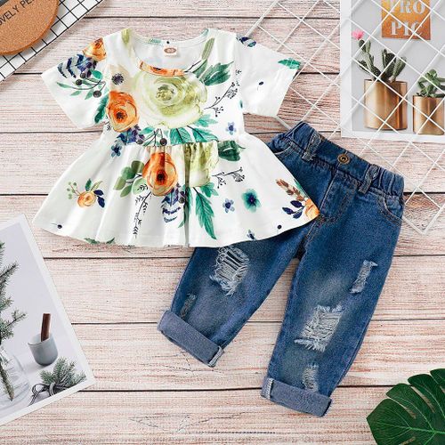 Ensemble De Vêtements En Jean Pour Bébés Filles, Haut Court À Fleurs + Pantalon En Denim À Trous, Tenue À La Mode