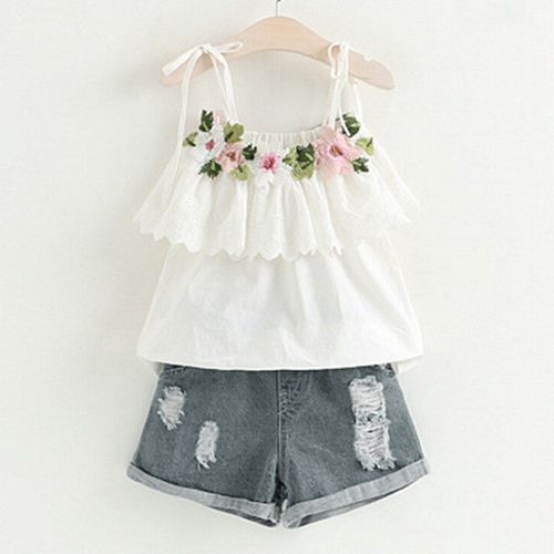 Tenue En Jean Brodée Pour Bébé Fille, Ensemble T-Shirt Et Short En Denim, Vêtements De Sport Pour Enfants