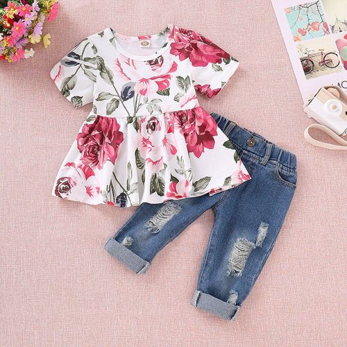 Ensemble De Vêtements En Jean Pour Petites Filles, Haut Court À Fleurs + Pantalon En Denim À Trous, Costume De Nouvelle Année Pour Petites Filles