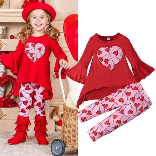 Ensemble Haut Et Pantalon De Saint-Valentin Pour Bébé Fille, Ensemble Mignon À La Mode, Haut À Manches Longues, Pantalon Doux Et Chaud, Imprimé C¿Ur