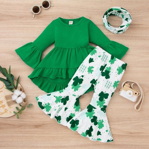 Costume De La Saint-Patrick Pour Petite Fille, Haut À Volants, Imprimé C¿Ur, Pantalon Évasé, Col En V
