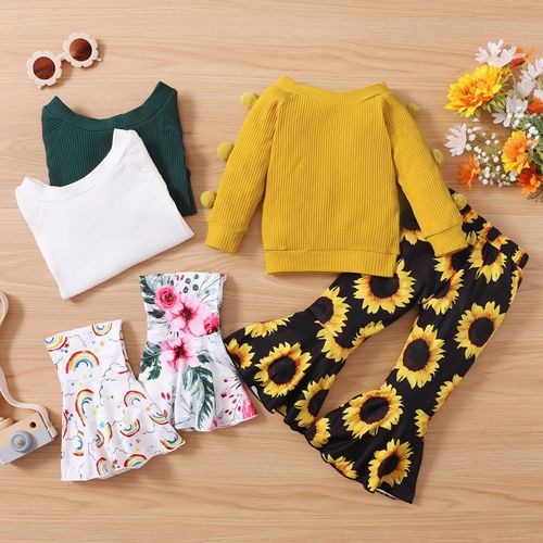 Ensemble De Pièces Pour Bébés Filles, Haut À Manches Longues, Arc-En-Ciel, Tournesol, Imprimé Floral, Pantalon Évasé, Tenue Douce Et Chaude