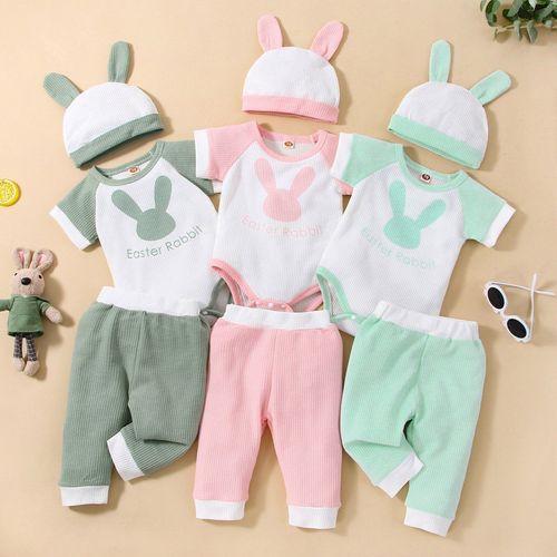 Tenue De Pâques Pour Garçons Et Filles, Pantalon, Body, Chapeau Imprimé De Dessin Animé, Lapin, Barboteuse, Ensembles De Vêtements Pour Enfants