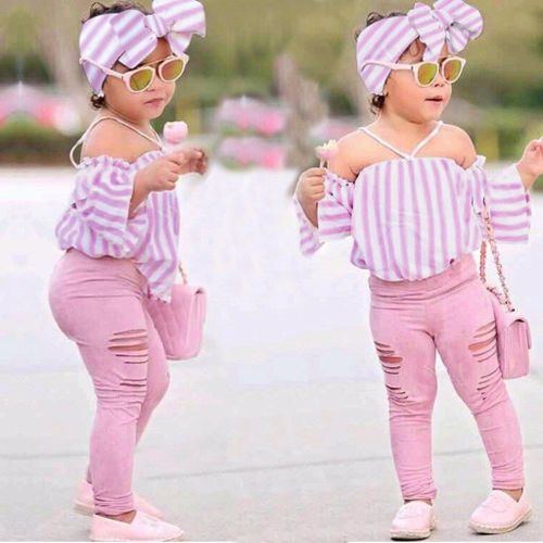 Hauts À Rayures Et Épaules Dénudées Pour Enfants, Pantalons Déchirés Et Bandeaux, Produit Rose, Nouvelle Collection