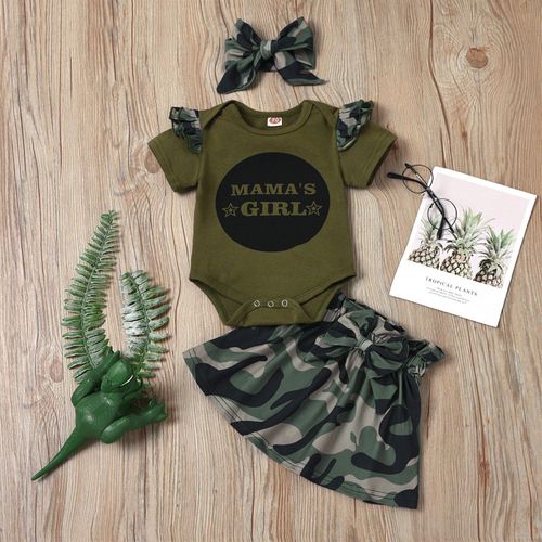 Ensemble D'été Pour Bébés Filles, Jupe Courte Imprimée Avec Lettres + Manches Bandeau, Barboteuse + Camouflage, Tenues Pour Filles