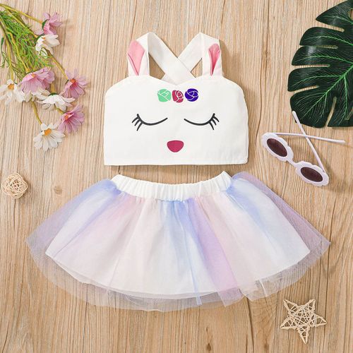 Ensemble En Tulle Pour Filles, Jupe Sans Manches, Haut, Gilet, Tenue De Pâques, Imprimé De Dessin Animé, Tenue Pour Petites Filles, Été