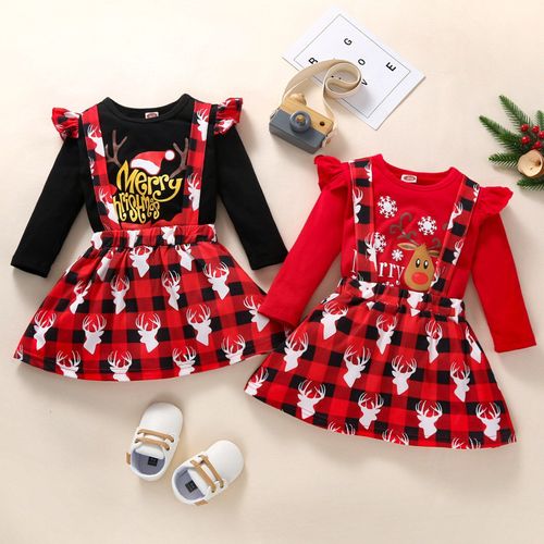 Vêtements De Noël Pour Filles, Haut À Volants + Jupe À Carreaux, Vêtements De Nouvel An
