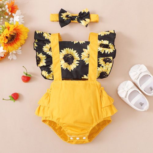 Barboteuse Imprim?e Tournesol Pour Filles, Tenue ? Volants Et Manches, Dos Nu, Bandeau, V?tements Pour Enfants