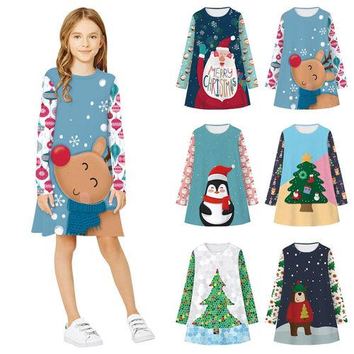 Robe De Noël À Manches Longues Pour Filles, Vêtements De Fête Décontractés, Père Noël, Bonhomme De Neige, Cerf, Arbre, Princesse