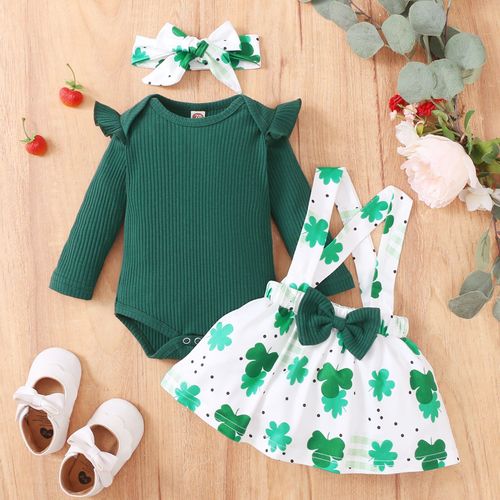Ensemble Barboteuse Et Jupe Pour Bébé Fille, Motif Floral, À Bretelles, Serre-Têtes, Pour La Saint-Patrick
