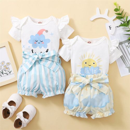 Ensemble De Vêtements 2 Pièces Pour Bébés Filles, Lettres De Nuage Imprimées, Manches Courtes, Haut Et Short