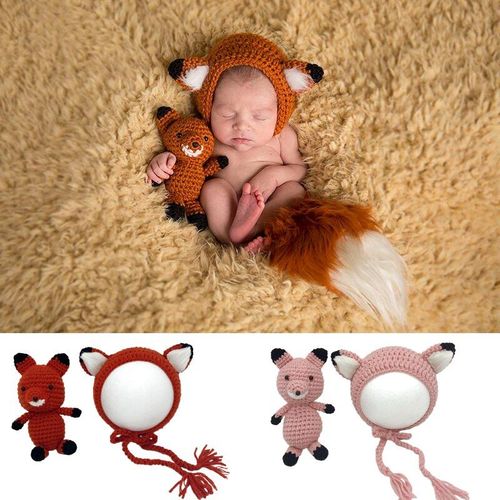 Ensemble Poupée Renard + Chapeau, 2 Pièces, Vêtements Pour Bébé, Accessoires De Photographie, Bonnet Tricoté À La Main, Jouet Pour Nouveau-Né, Séance Photo