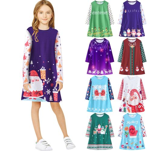 Robe De Noël Pour Filles, Imprimé Père Noël, Vêtements De Princesse Pour Enfants En Bas Âge, Manches Longues, Col 0, Robe De Soirée