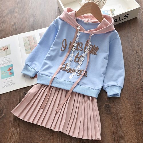 Sweat-Shirt À Manches Et À Capuche Pour Enfants, Jupe Plissée, Pull-Over, Deux Pièces, Imprimé, Fausse Capuche, Pour Filles, Robes D'hiver