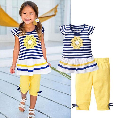Leggings Pantalons Filles Vêtements Ensemble 2pcs Été Rayé 1-8y T-Shirt Tops Tournesol Daisy Bambin Enfants Enfants Vêtements Fille