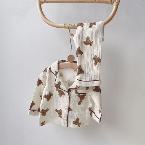 Pyjama Cor?en Pour Enfants, 2 Pi?ces, Manches Longues, Imprim? Ours, Cardigan, Pantalon En Coton Mousseline, V?tements De Nuit, Manteau De Maison Pour B?b?s Gar?ons Et Filles, Nouvelle Collection Auto